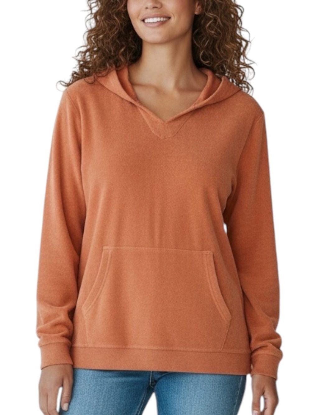 LANDS’ END Terrycloth V-Neck Hooded Pullover in Burnt Orange Size XXL — PLUSH!!!